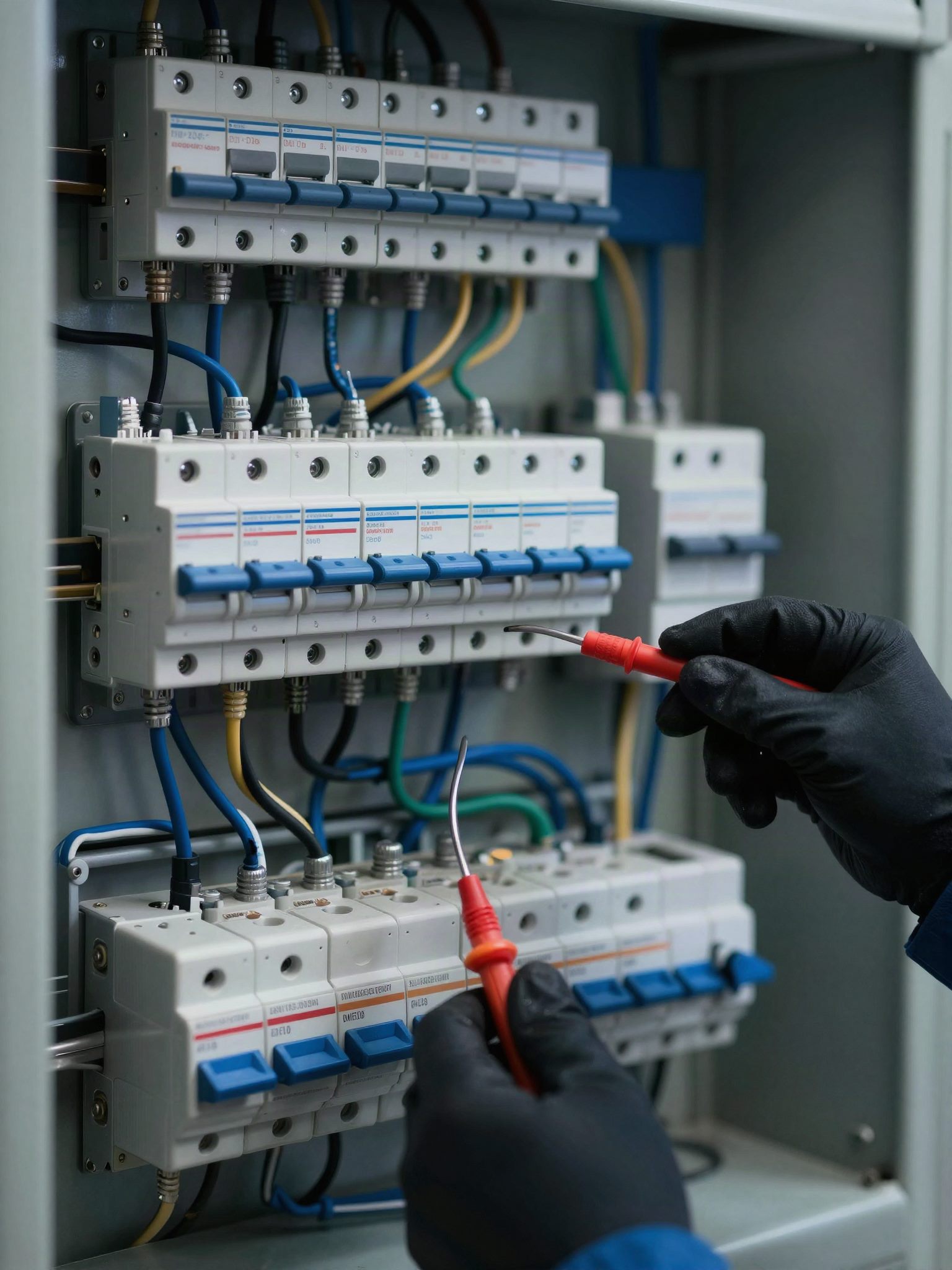 Técnico de luvas pretas medindo um quadro de distribuição com disjuntores e cabos organizados